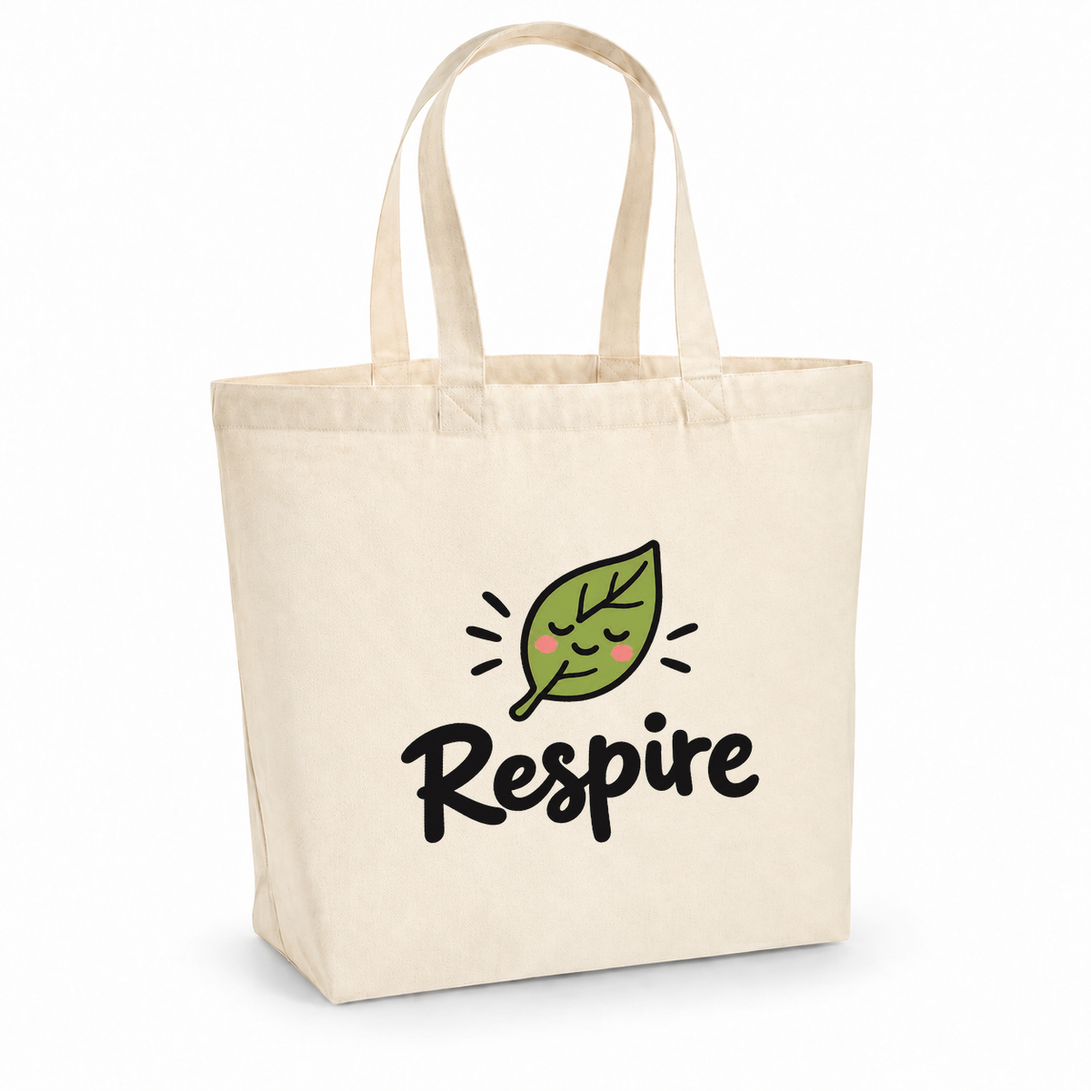 Tote bag « Respire » Premium, cabas à soufflet en coton naturel 200 g/m² de 18 litres, dessin naïf d'une petite feuille souriante