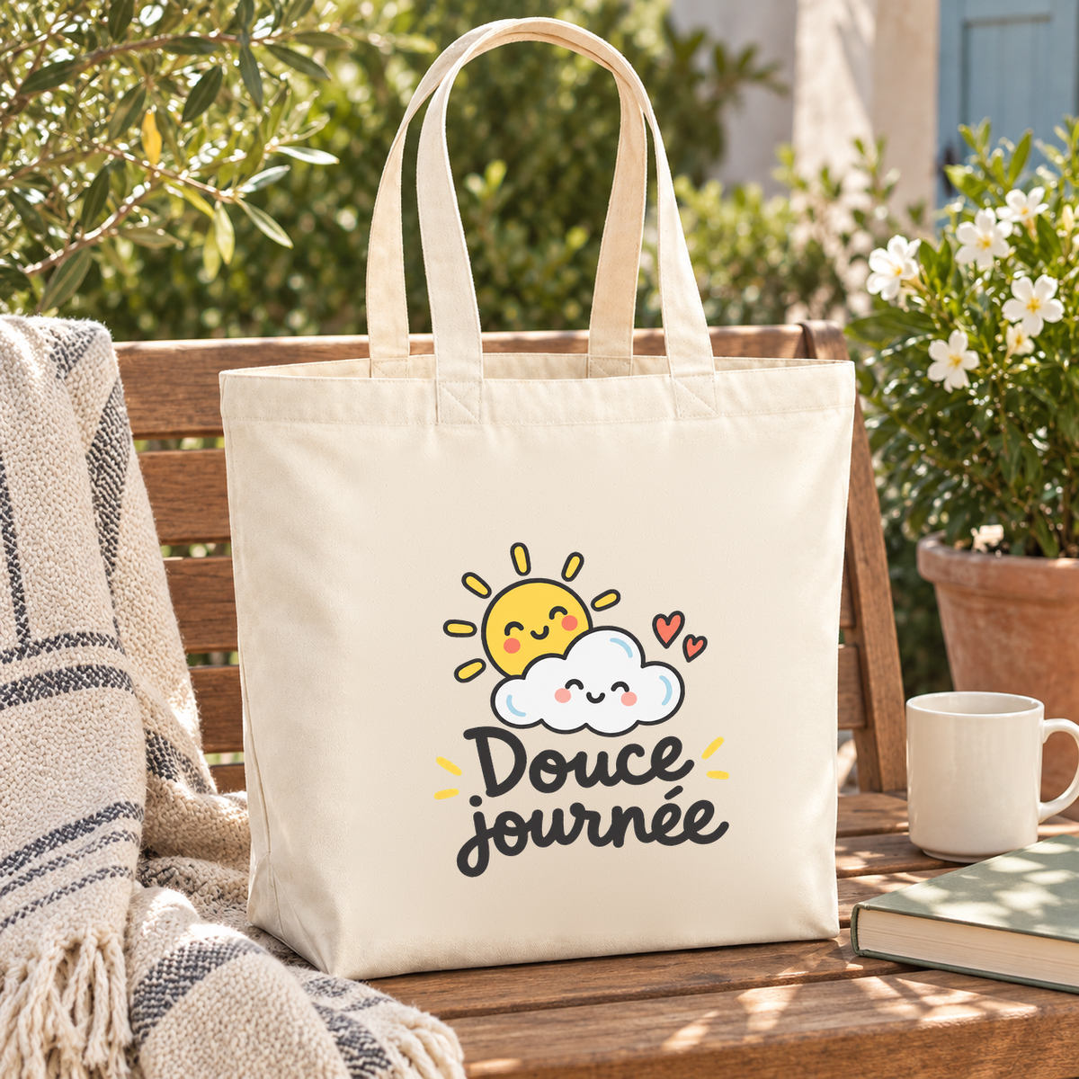 Tote bag « Douce journée » Premium posé sur un banc en bois, à côté d'un plaid, d'une tasse et d'un livre