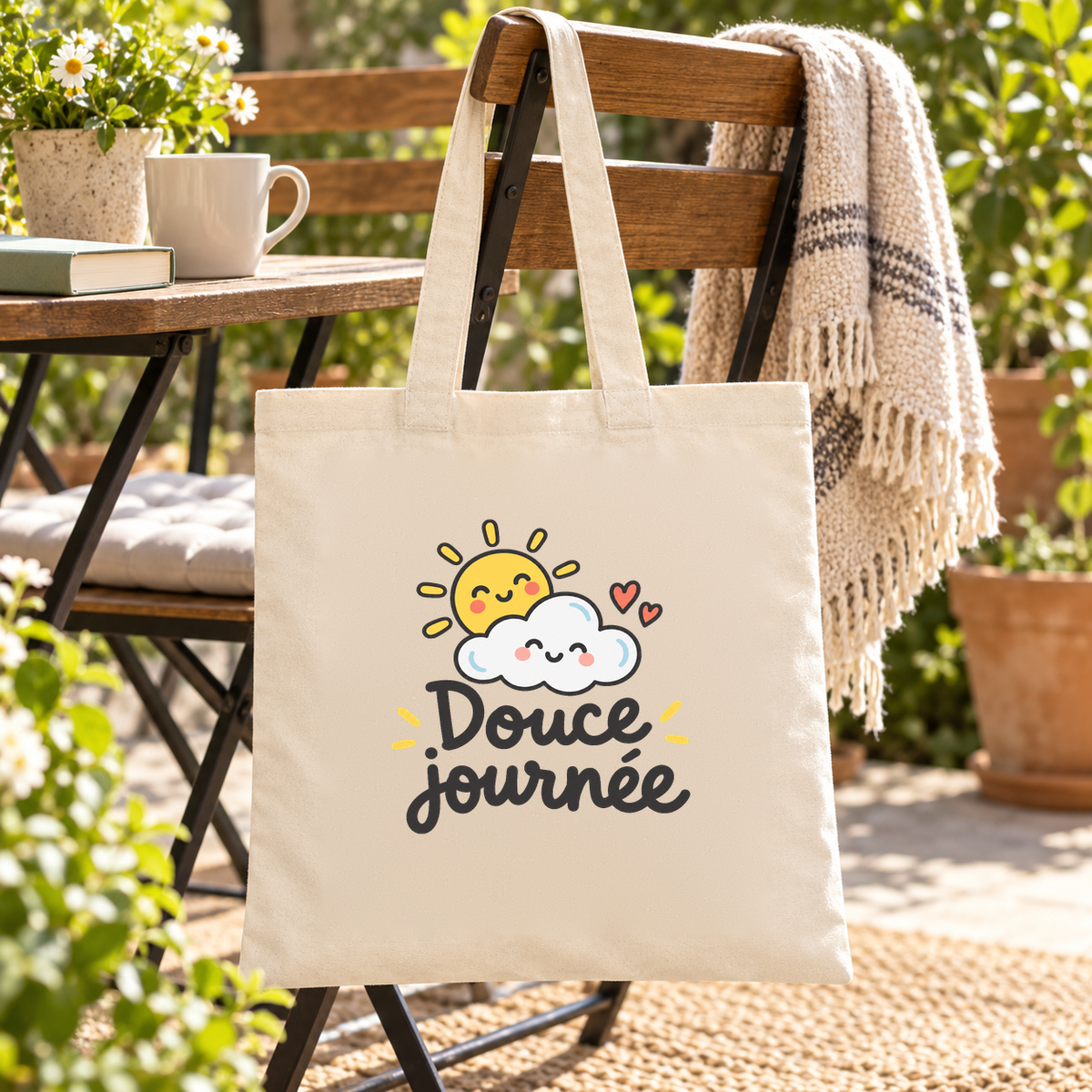 Tote bag « Douce journée » Essentiel suspendu à une chaise de terrasse, à côté d'un plaid