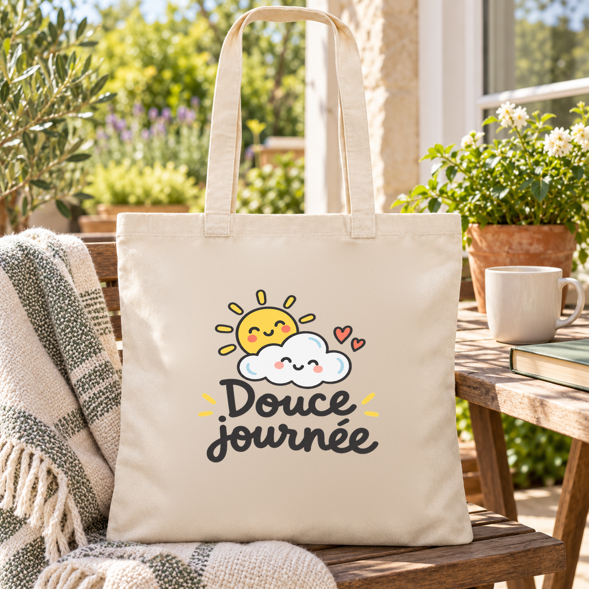 Tote bag « Douce journée » Essentiel posé sur un banc de jardin, à côté d'un plaid et d'une tasse