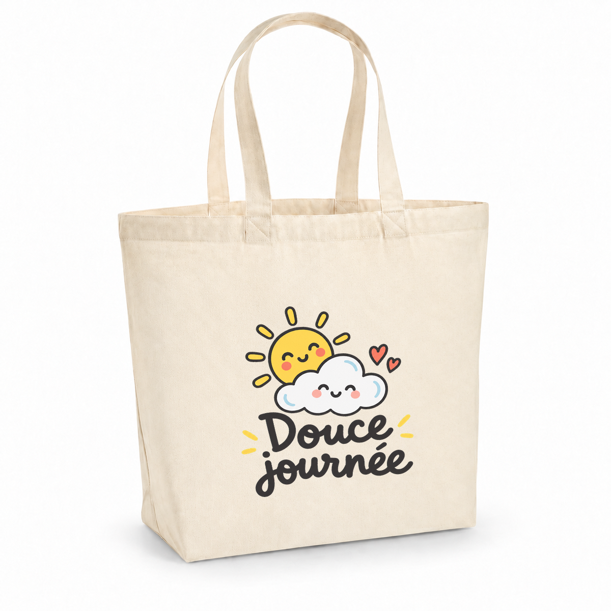 Tote bag « Douce journée » Premium, cabas à soufflet en coton naturel 200 g/m² de 18 litres, dessin naïf d'un soleil et d'un nuage souriants