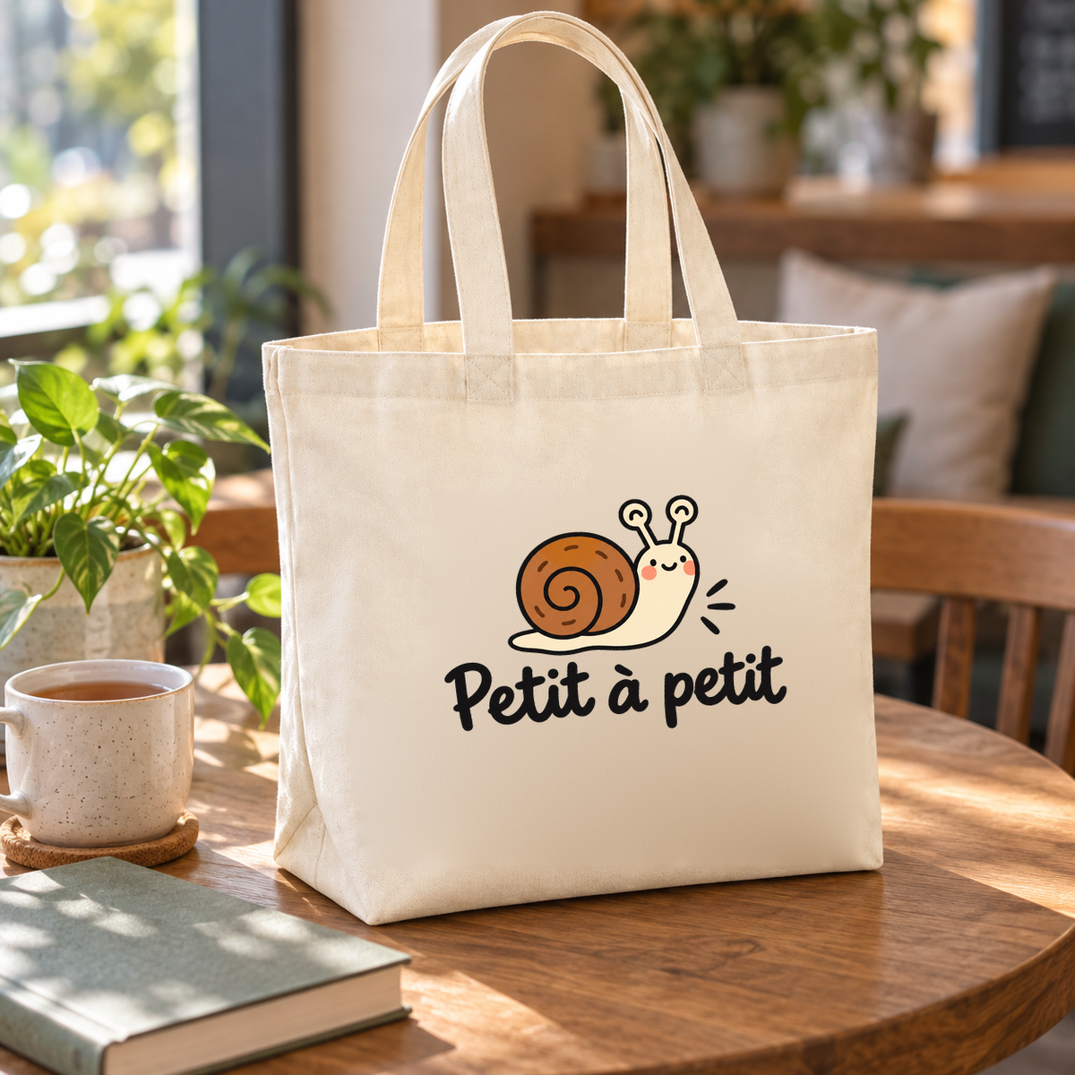 Tote bag « Petit à petit » Premium posé sur une table ronde, à côté d'une tasse de thé et d'un livre