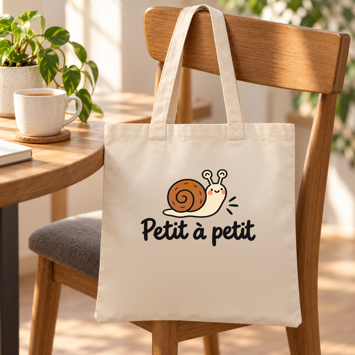 Tote bag « Petit à petit » Essentiel suspendu à une chaise en bois, à côté d'une tasse