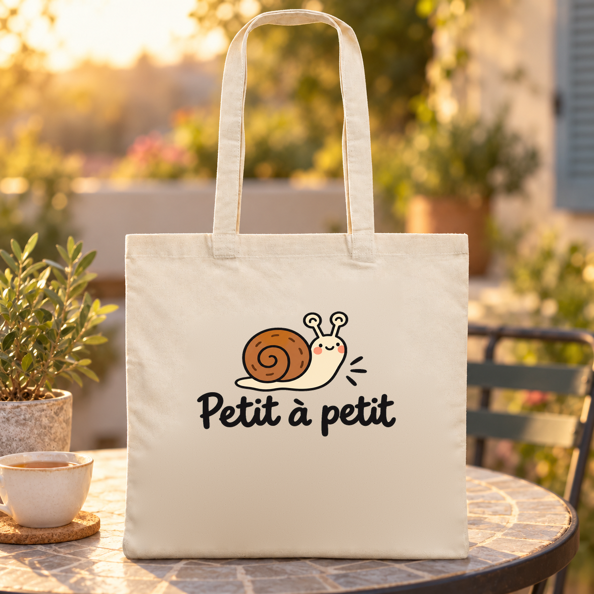 Tote bag « Petit à petit » Essentiel posé sur une table de terrasse au coucher du soleil, à côté d'une tasse