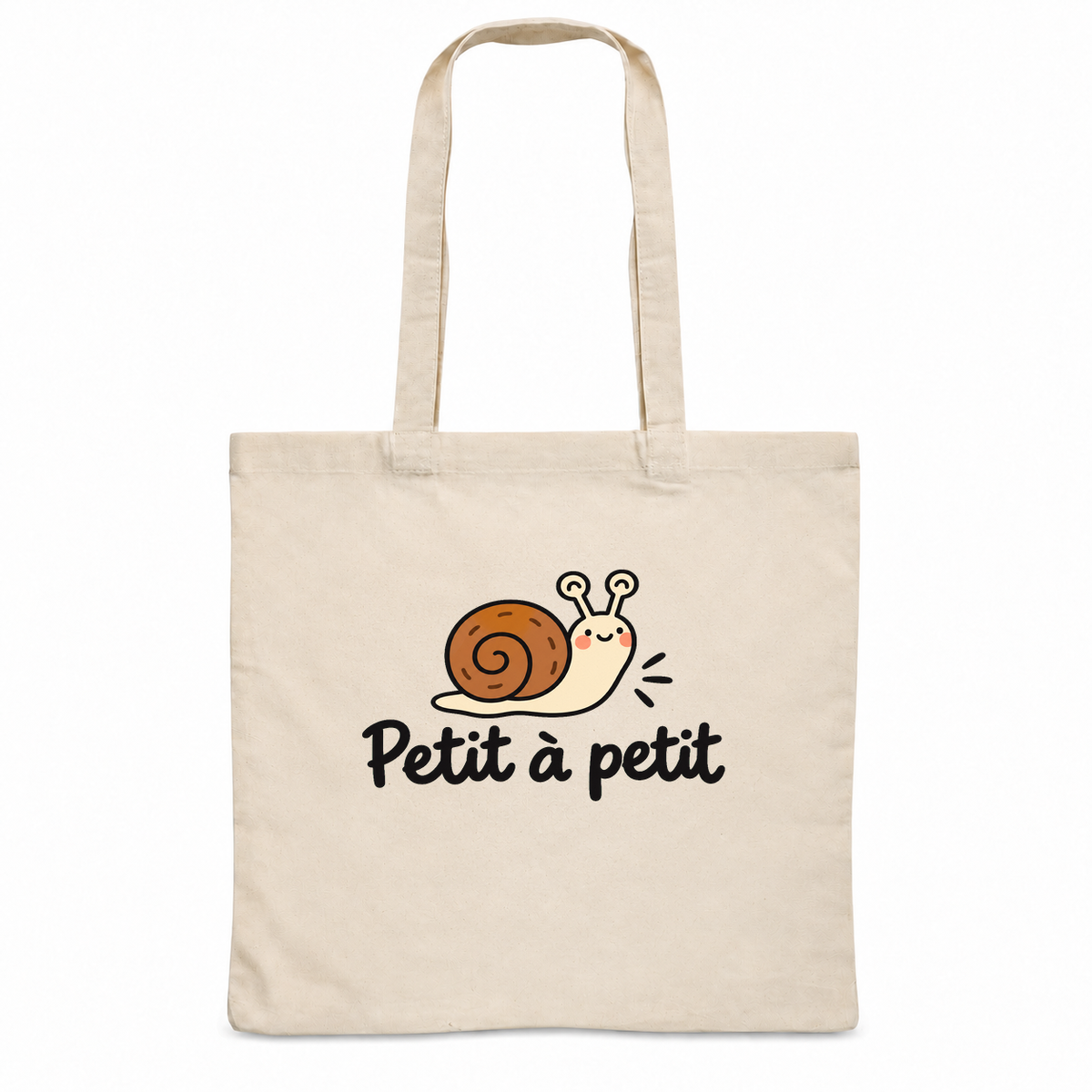 Tote bag « Petit à petit » Essentiel, sac plat en coton naturel 140 g/m² de 38 × 42 cm, dessin naïf d'un escargot souriant