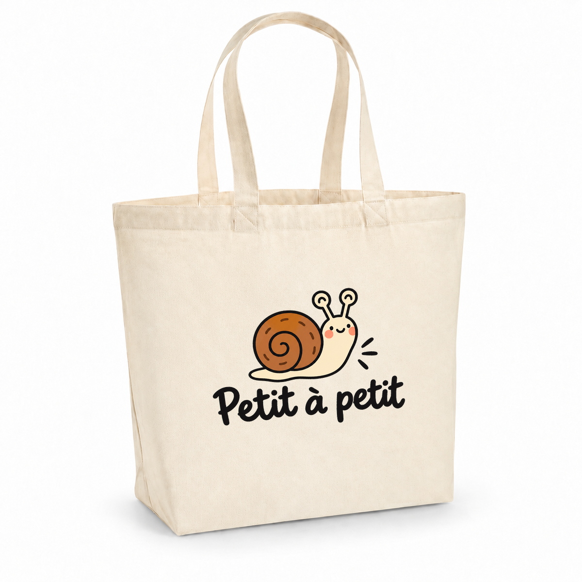 Tote bag « Petit à petit » Premium, cabas à soufflet en coton naturel 200 g/m² de 18 litres, dessin naïf d'un escargot souriant
