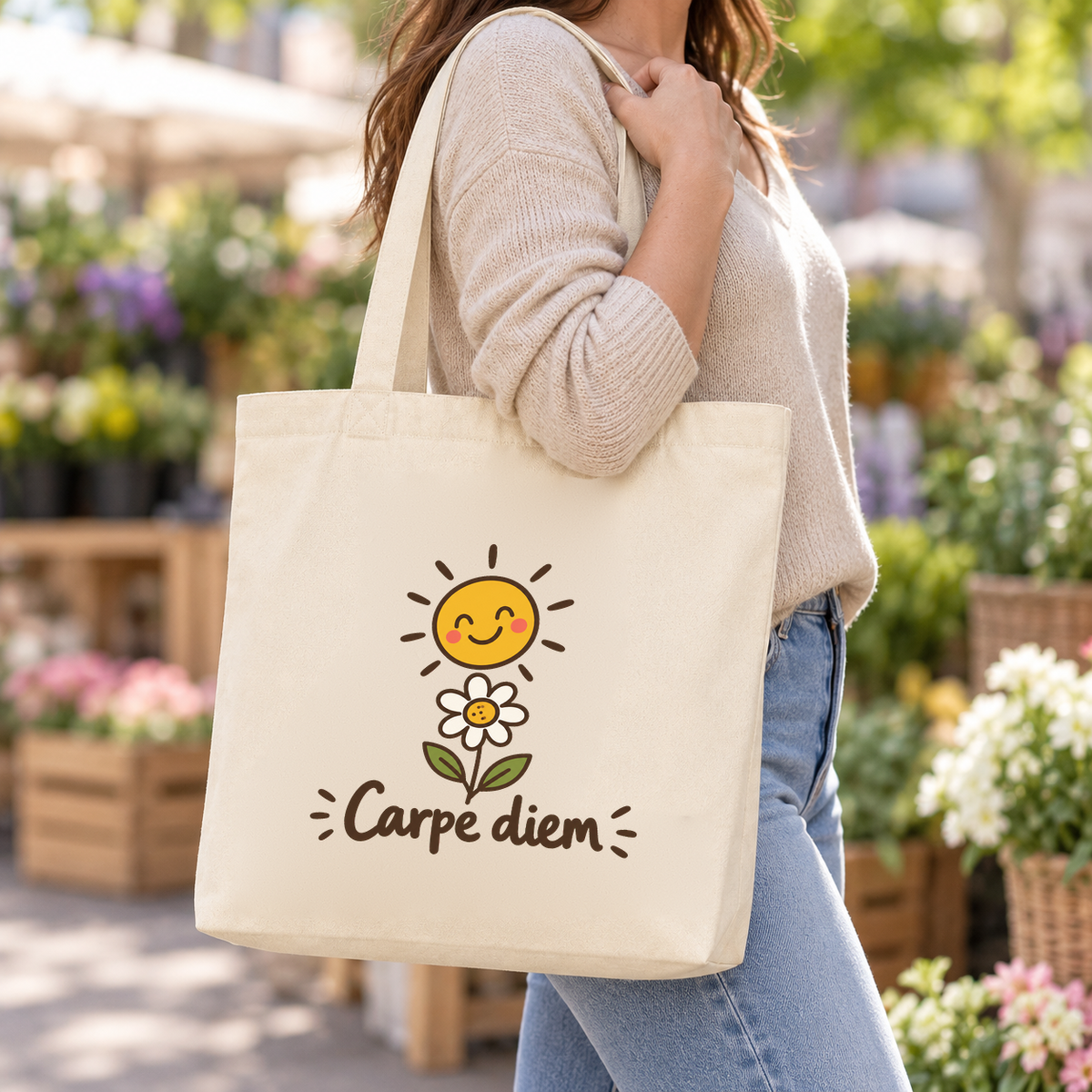 Tote bag « Carpe diem » Premium porté à l'épaule dans un marché aux fleurs