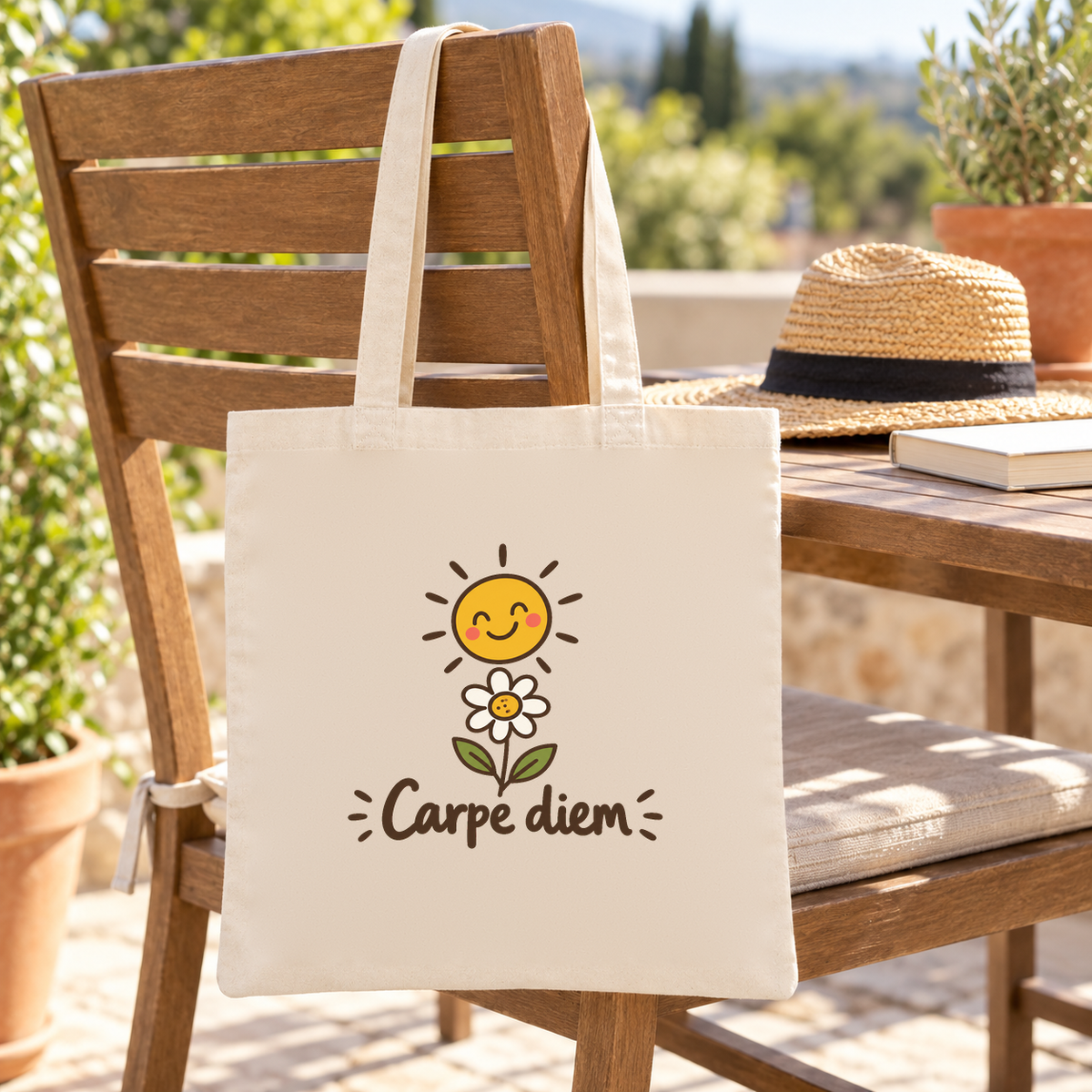 Tote bag « Carpe diem » Essentiel suspendu à une chaise de jardin, à côté d'un chapeau de paille