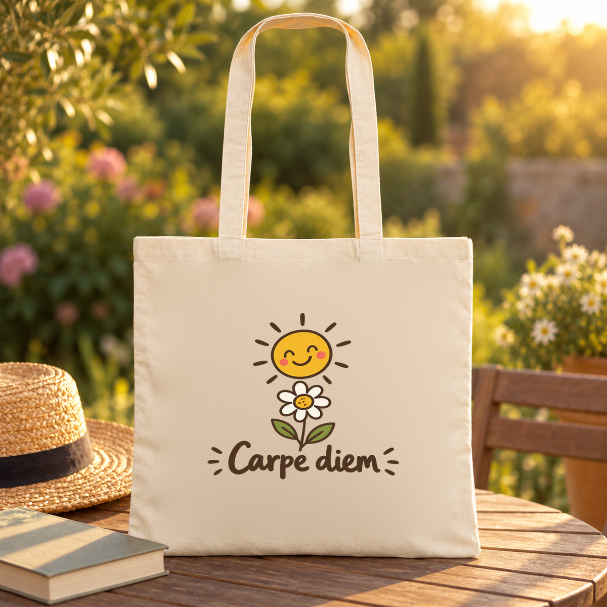 Tote bag « Carpe diem » Essentiel posé sur une table de jardin au coucher du soleil, à côté d'un chapeau de paille