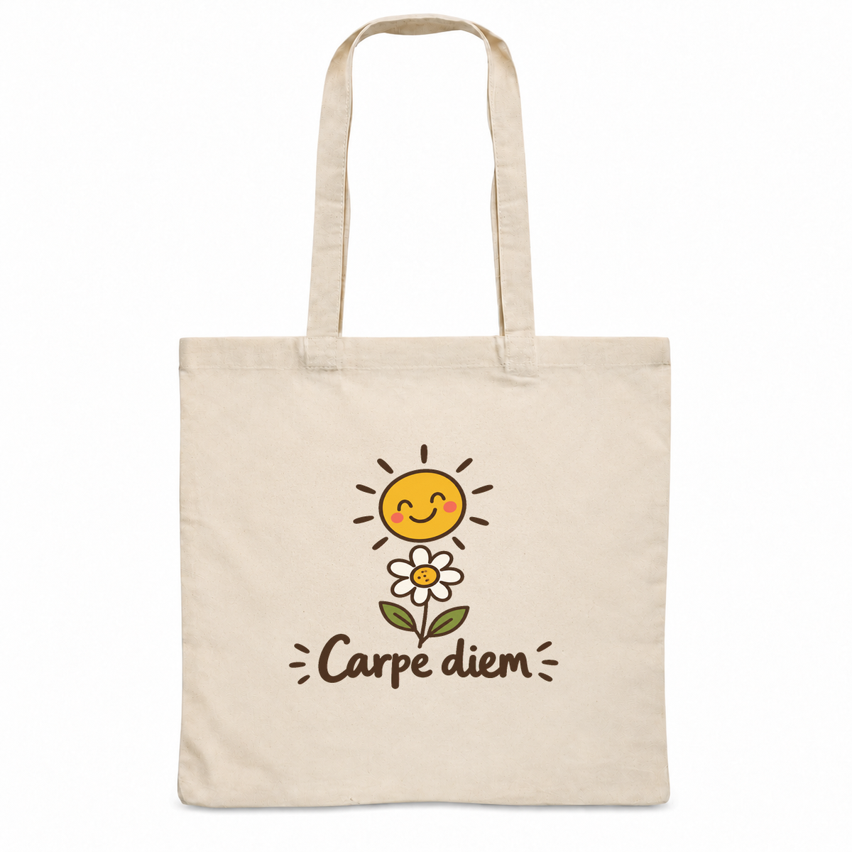 Tote bag « Carpe diem » Essentiel, sac plat en coton naturel 140 g/m² de 38 × 42 cm, dessin naïf d'un soleil souriant et d'une marguerite