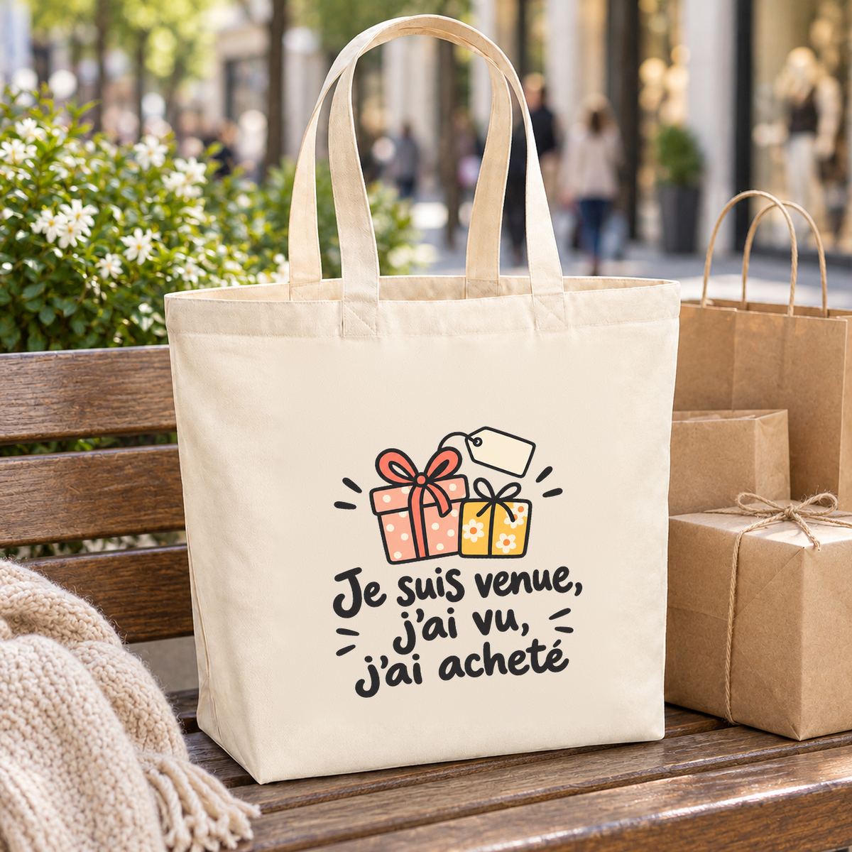 Tote bag « Je suis venue, j'ai vu, j'ai acheté » Premium posé sur un banc, entre paquets en papier kraft et sacs de boutique
