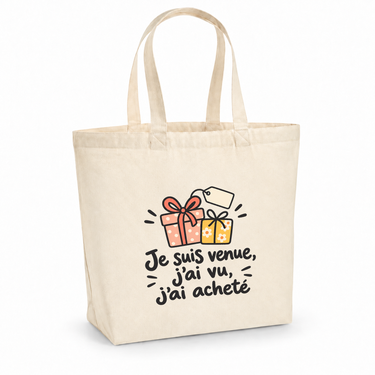 Tote bag « Je suis venue, j'ai vu, j'ai acheté » Premium, cabas à soufflet en coton naturel 200 g/m² de 18 litres, dessin naïf de paquets cadeaux et d'une étiquette