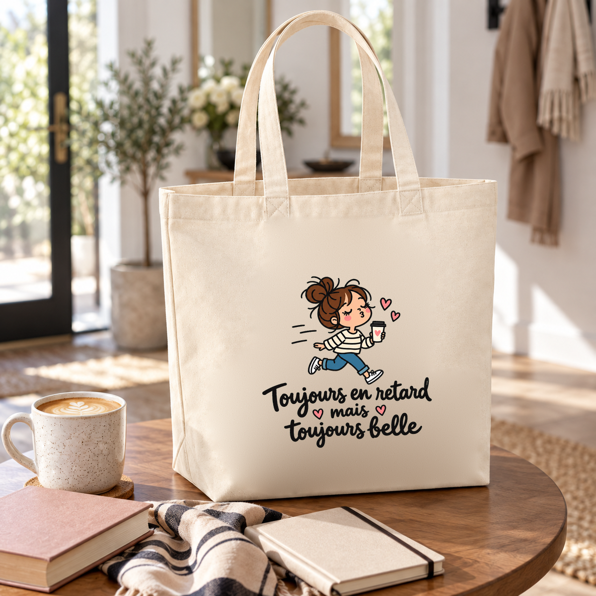 Tote bag « Toujours en retard mais toujours belle » Premium posé sur une table ronde, à côté d'un café, d'un carnet et d'une écharpe