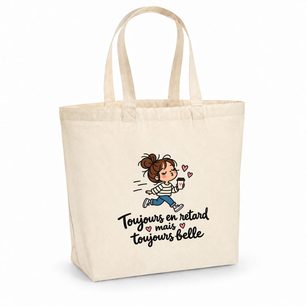 Tote bag « Toujours en retard mais toujours belle » Premium, cabas à soufflet en coton naturel 200 g/m² de 18 litres, dessin naïf d'une jeune femme pressée, café à la main