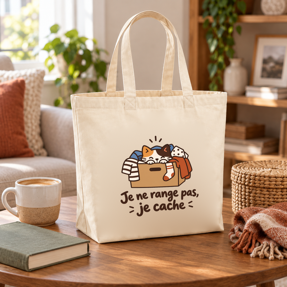 Tote bag « Je ne range pas, je cache » Premium posé sur une table de salon, à côté d'une tasse et d'un livre
