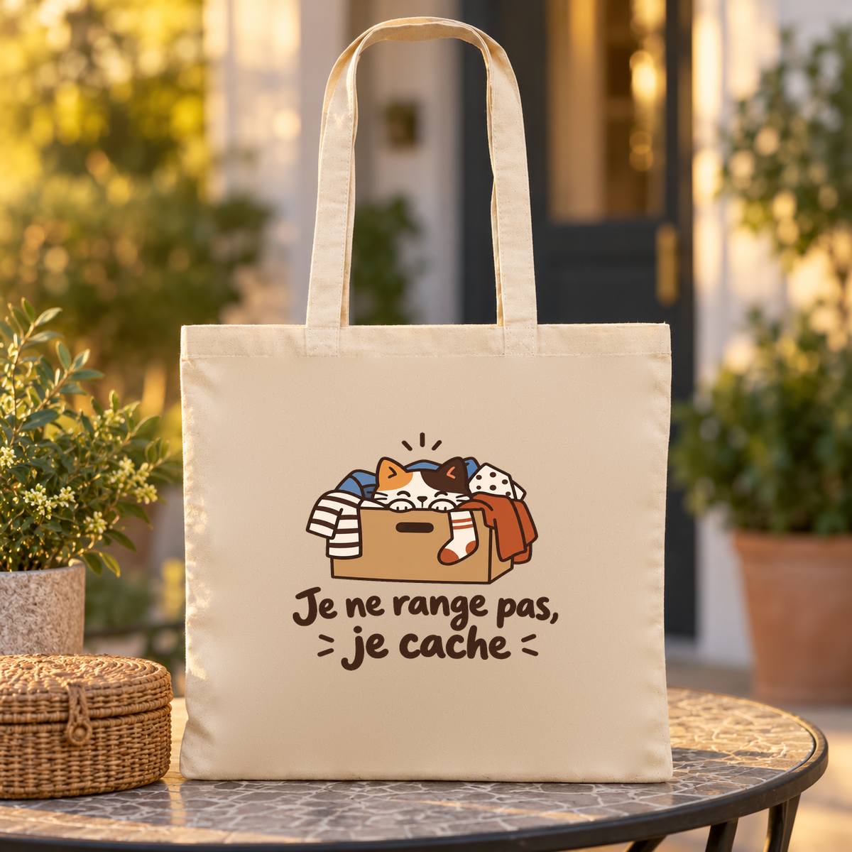 Tote bag « Je ne range pas, je cache » Essentiel posé sur une table au soleil, à côté d'un panier