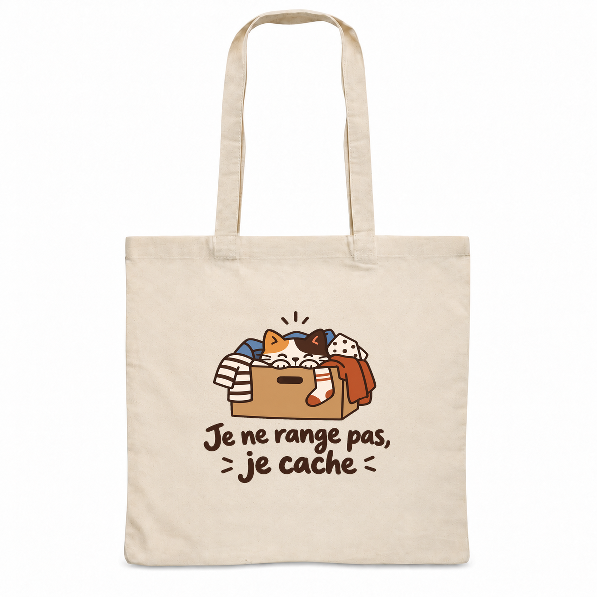 Tote bag « Je ne range pas, je cache » Essentiel, sac plat en coton naturel 140 g/m² de 38 × 42 cm, dessin naïf d'un chat caché dans un carton de vêtements