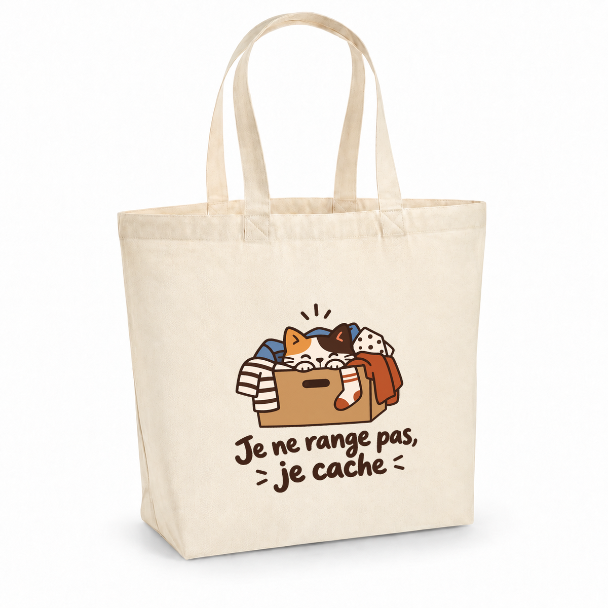 Tote bag « Je ne range pas, je cache » Premium, cabas à soufflet en coton naturel 200 g/m² de 18 litres, dessin naïf d'un chat caché dans un carton de vêtements