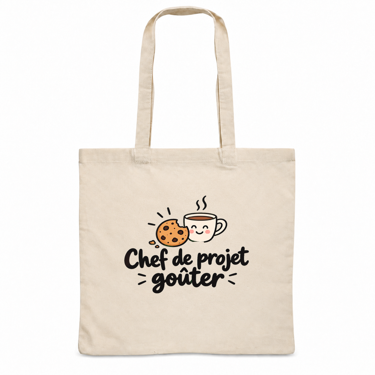 Tote bag « Chef de projet goûter » Essentiel, sac plat en coton naturel 140 g/m² de 38 × 42 cm, dessin naïf d'un cookie et d'une tasse souriante