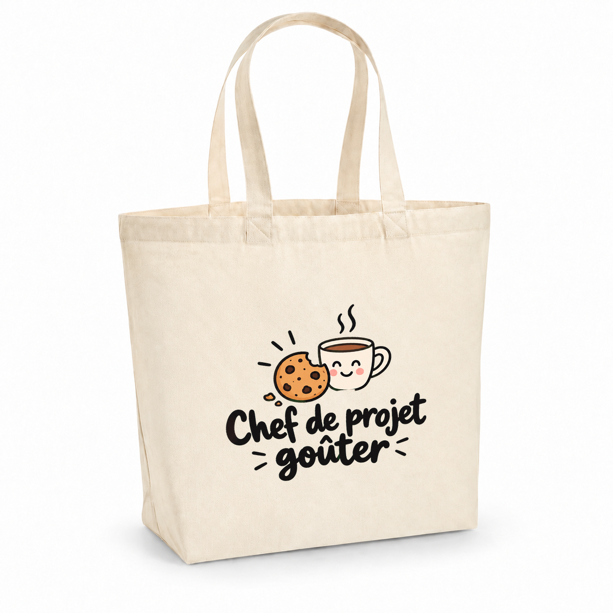 Tote bag « Chef de projet goûter » Premium, cabas à soufflet en coton naturel 200 g/m² de 18 litres, dessin naïf d'un cookie et d'une tasse souriante