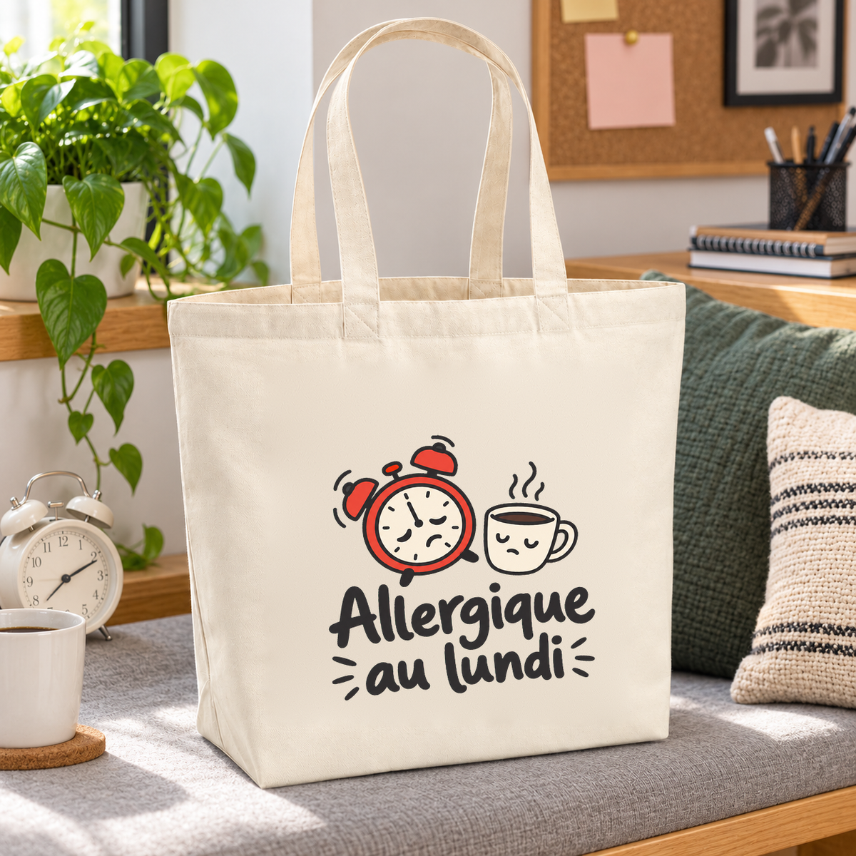Tote bag « Allergique au lundi » Premium posé sur une banquette, à côté d'un réveil et d'une tasse