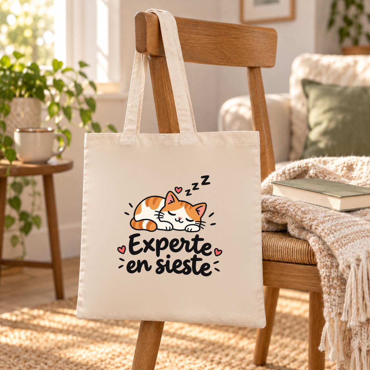 Tote bag « Experte en sieste » Essentiel suspendu à une chaise en bois, à côté d'un plaid et d'un livre