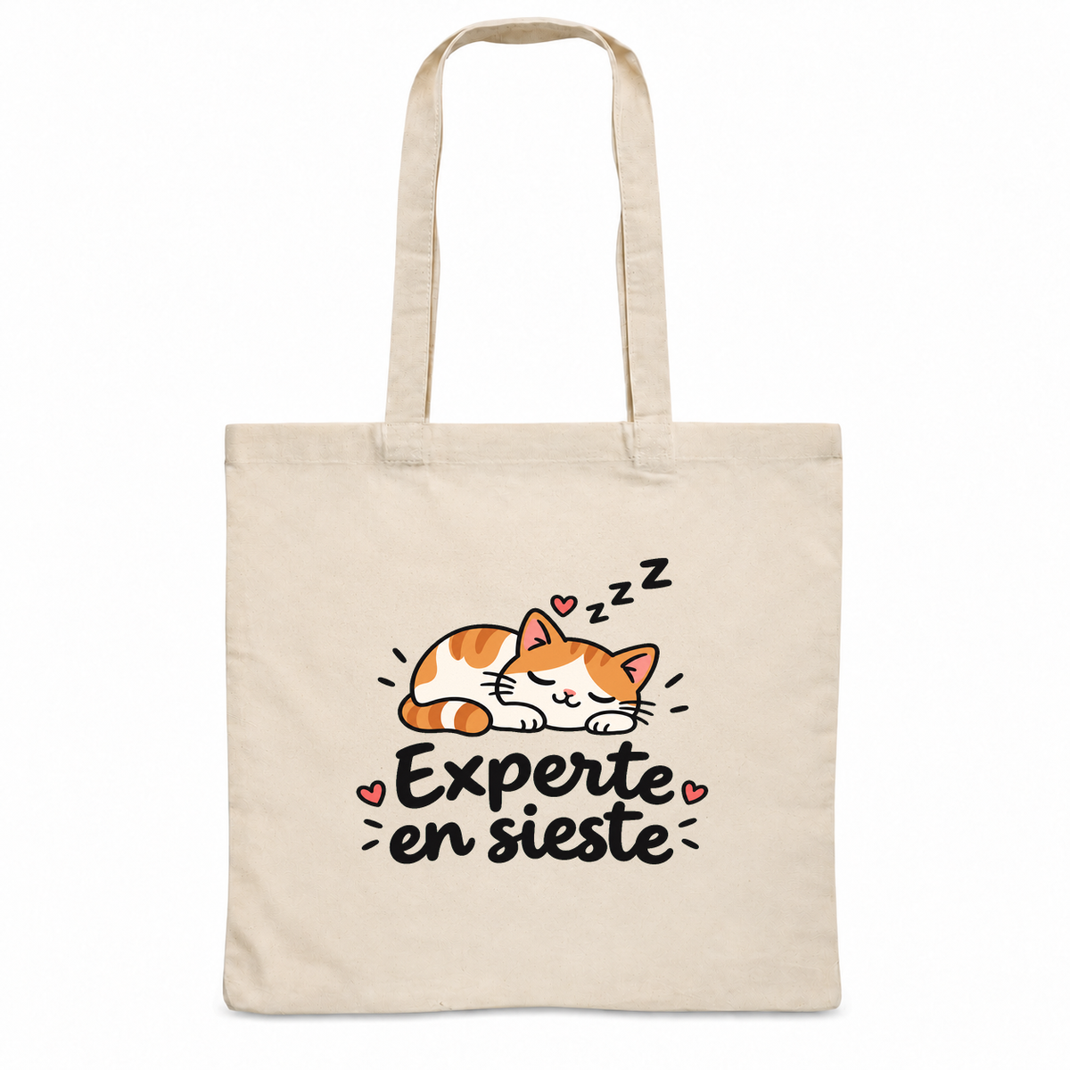 Tote bag « Experte en sieste » Essentiel, sac plat en coton naturel 140 g/m² de 38 × 42 cm, dessin naïf d'un chat roux endormi