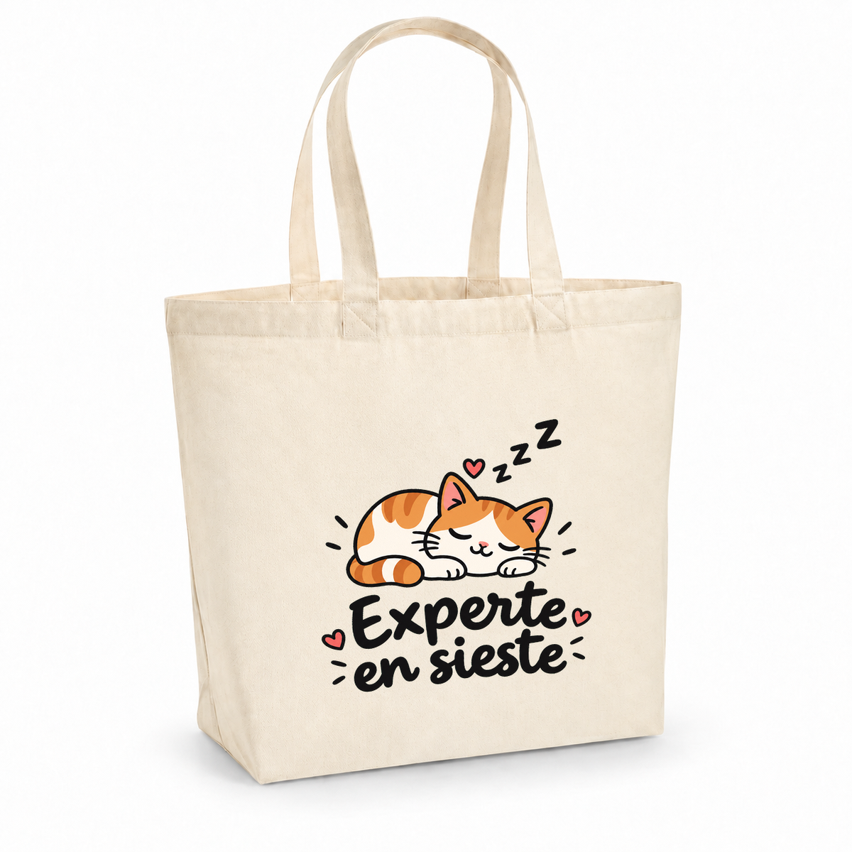 Tote bag « Experte en sieste » Premium, cabas à soufflet en coton naturel 200 g/m² de 18 litres, dessin naïf d'un chat roux endormi