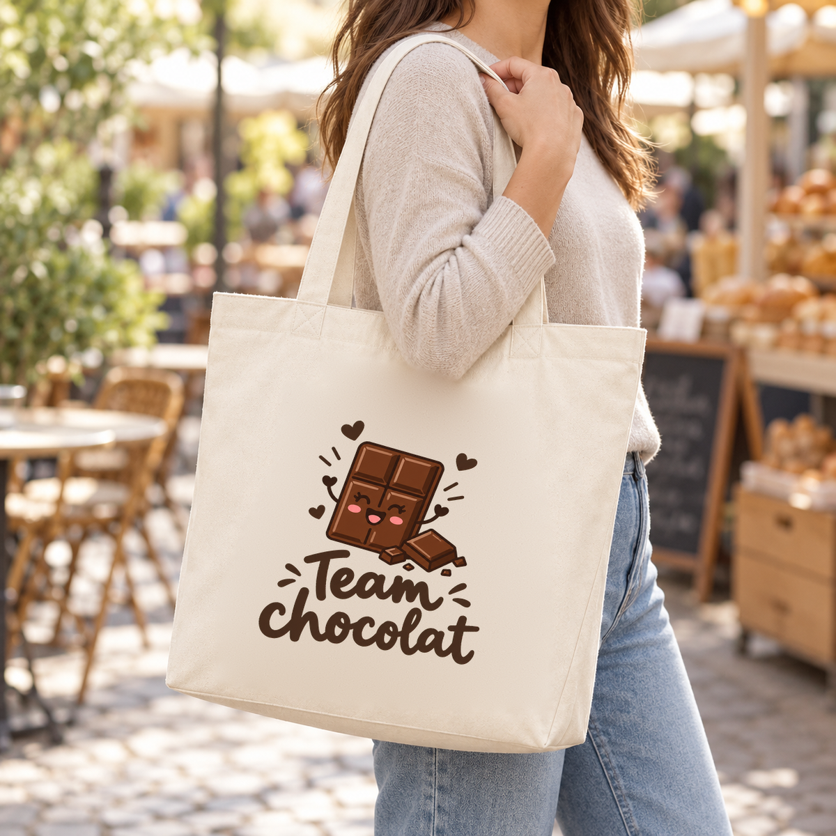 Tote bag « Team chocolat » Premium porté à l'épaule devant une terrasse de café
