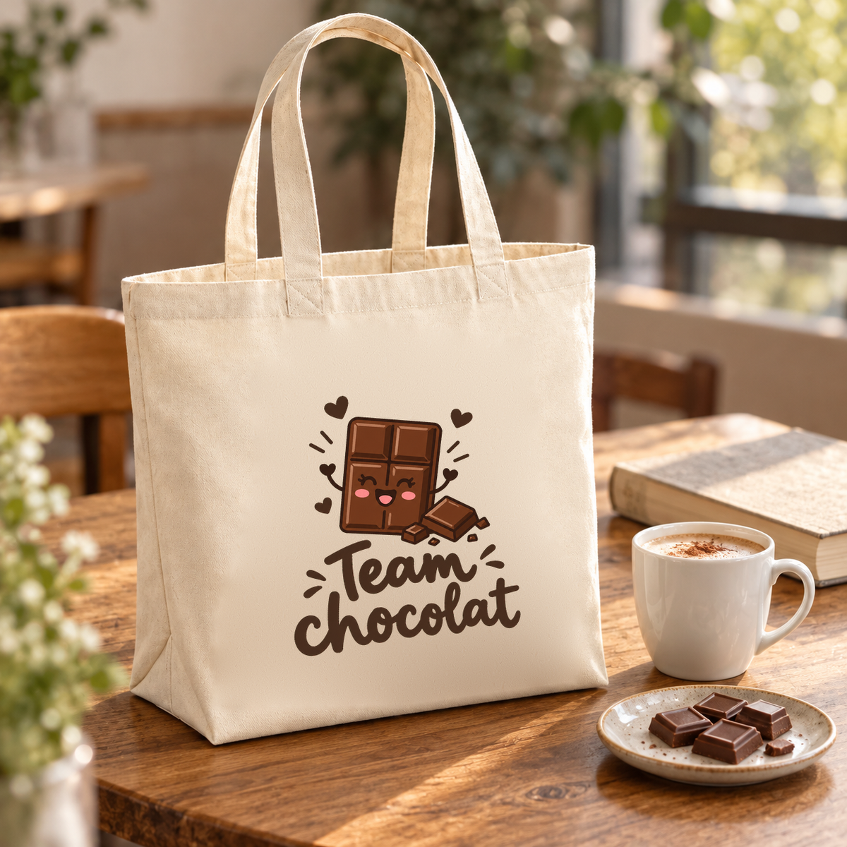 Tote bag « Team chocolat » Premium posé sur une table de café, à côté d'une tasse et de carrés de chocolat