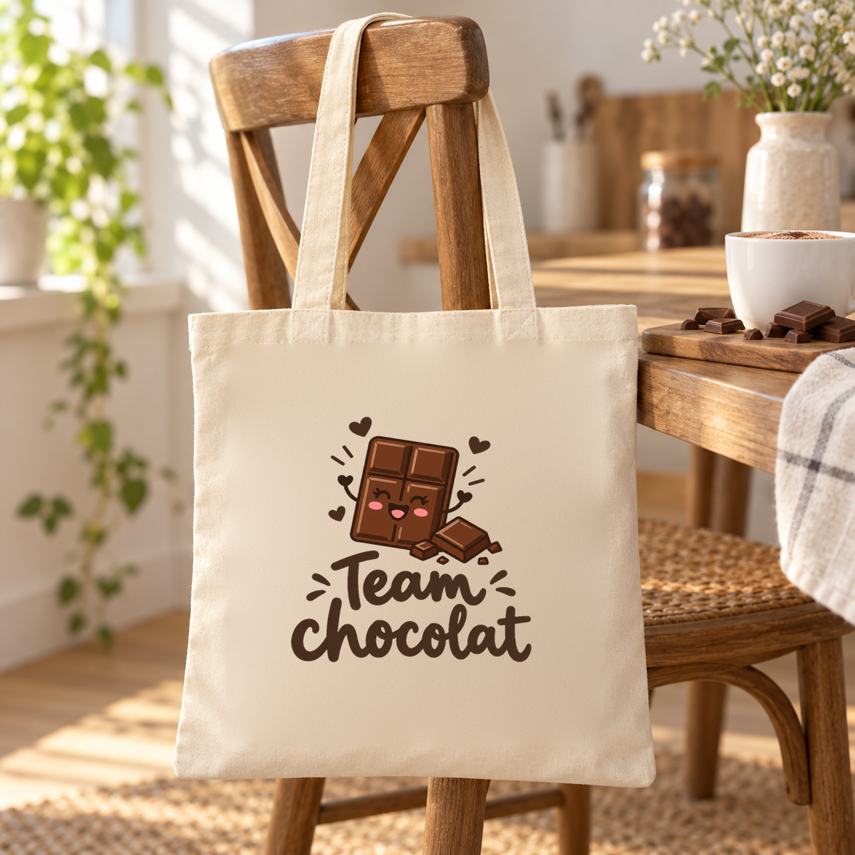 Tote bag « Team chocolat » Essentiel suspendu à une chaise de café, à côté d'une tasse