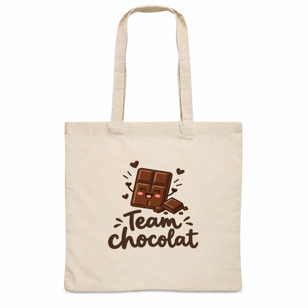 Tote bag « Team chocolat » Essentiel, sac plat en coton naturel 140 g/m² de 38 × 42 cm, dessin naïf d'une tablette de chocolat souriante