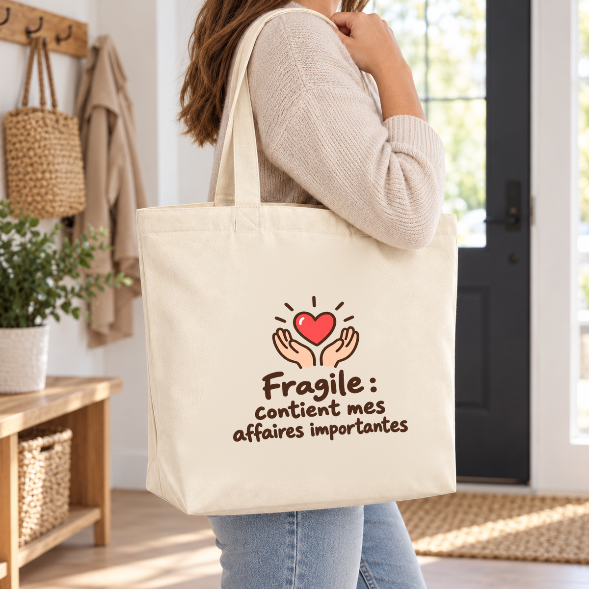 Tote bag Premium porté à l'épaule dans une entrée de maison lumineuse