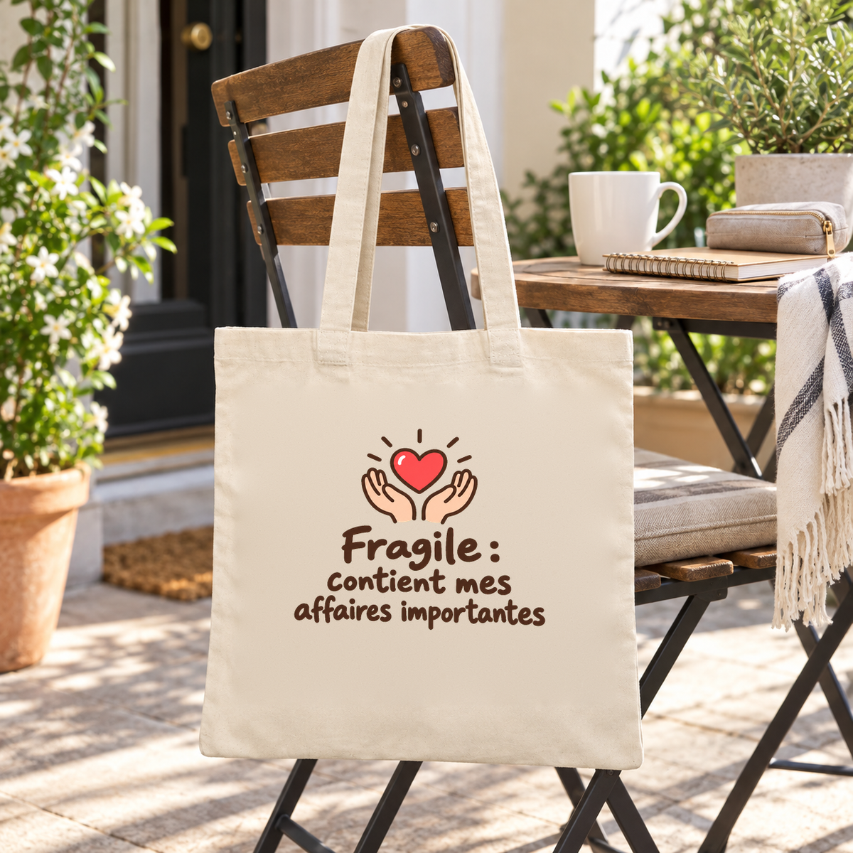 Tote bag Essentiel suspendu à une chaise en bois devant une porte d'entrée, à côté d'une tasse et de carnets