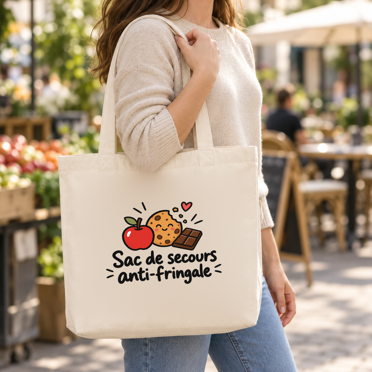 Tote bag « Sac de secours anti-fringale » Premium porté à l'épaule dans un marché en plein air