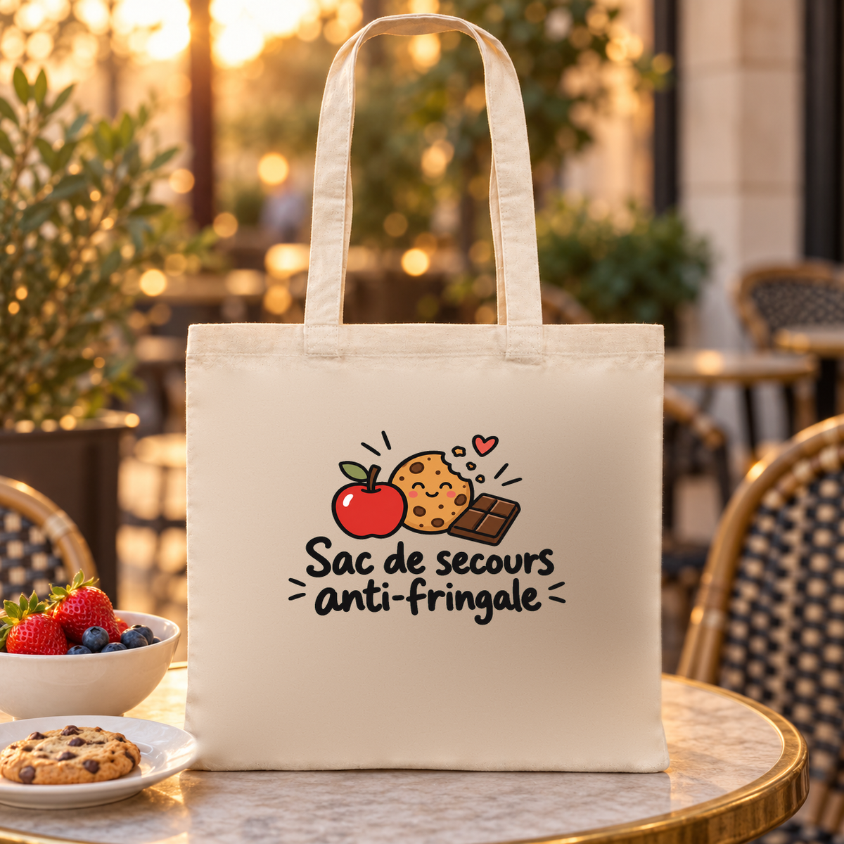 Tote bag « Sac de secours anti-fringale » Essentiel posé sur une table de terrasse au coucher du soleil, à côté de fruits rouges et de cookies
