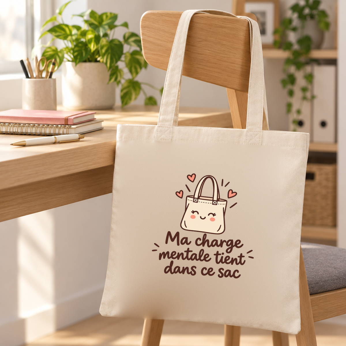 Tote bag « Ma charge mentale tient dans ce sac » Essentiel suspendu à une chaise de bureau, à côté d'un carnet