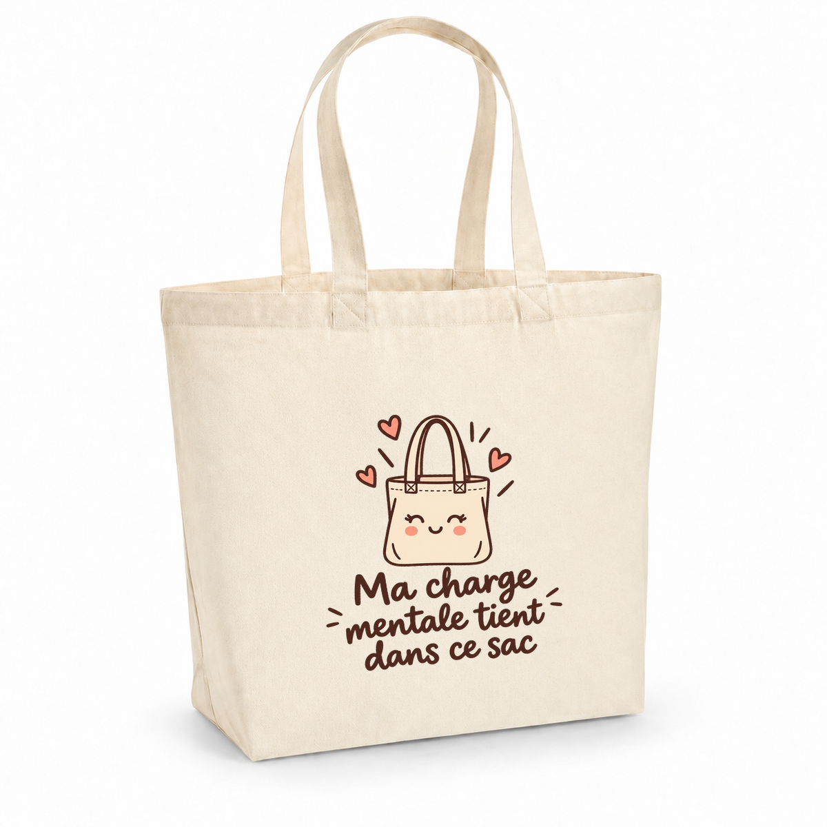 Tote bag « Ma charge mentale tient dans ce sac » Premium, cabas à soufflet en coton naturel 200 g/m² de 18 litres, dessin naïf d'un petit tote bag souriant