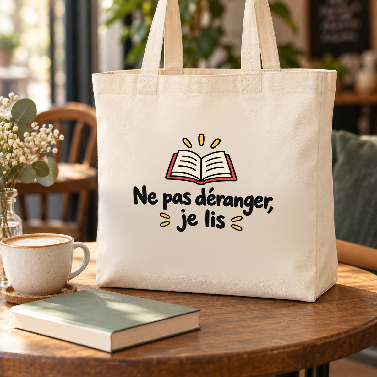Tote bag « Ne pas déranger, je lis » Premium posé sur une table ronde, à côté d'un café et d'un livre