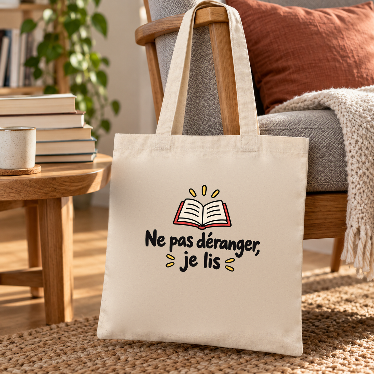 Tote bag « Ne pas déranger, je lis » Essentiel suspendu à un fauteuil, à côté d'une pile de livres et d'un plaid