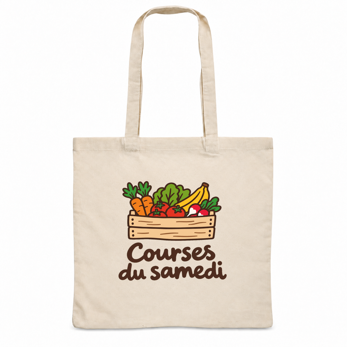 Tote bag « Courses du samedi » Essentiel, sac plat en coton naturel 140 g/m² de 38 × 42 cm, dessin naïf d'une cagette de fruits et légumes