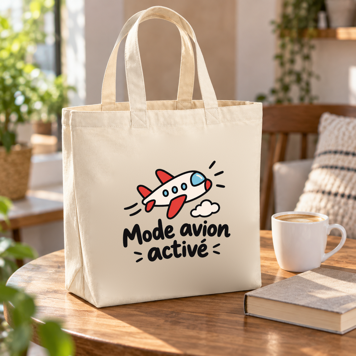 Tote bag « Mode avion activé » Premium posé sur une table ronde, à côté d'une tasse et d'un livre