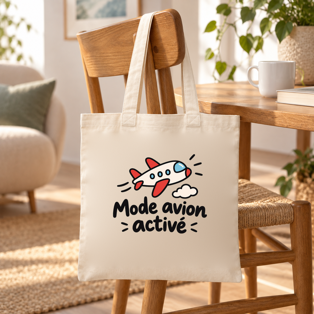 Tote bag « Mode avion activé » Essentiel suspendu à une chaise en bois dans un salon lumineux