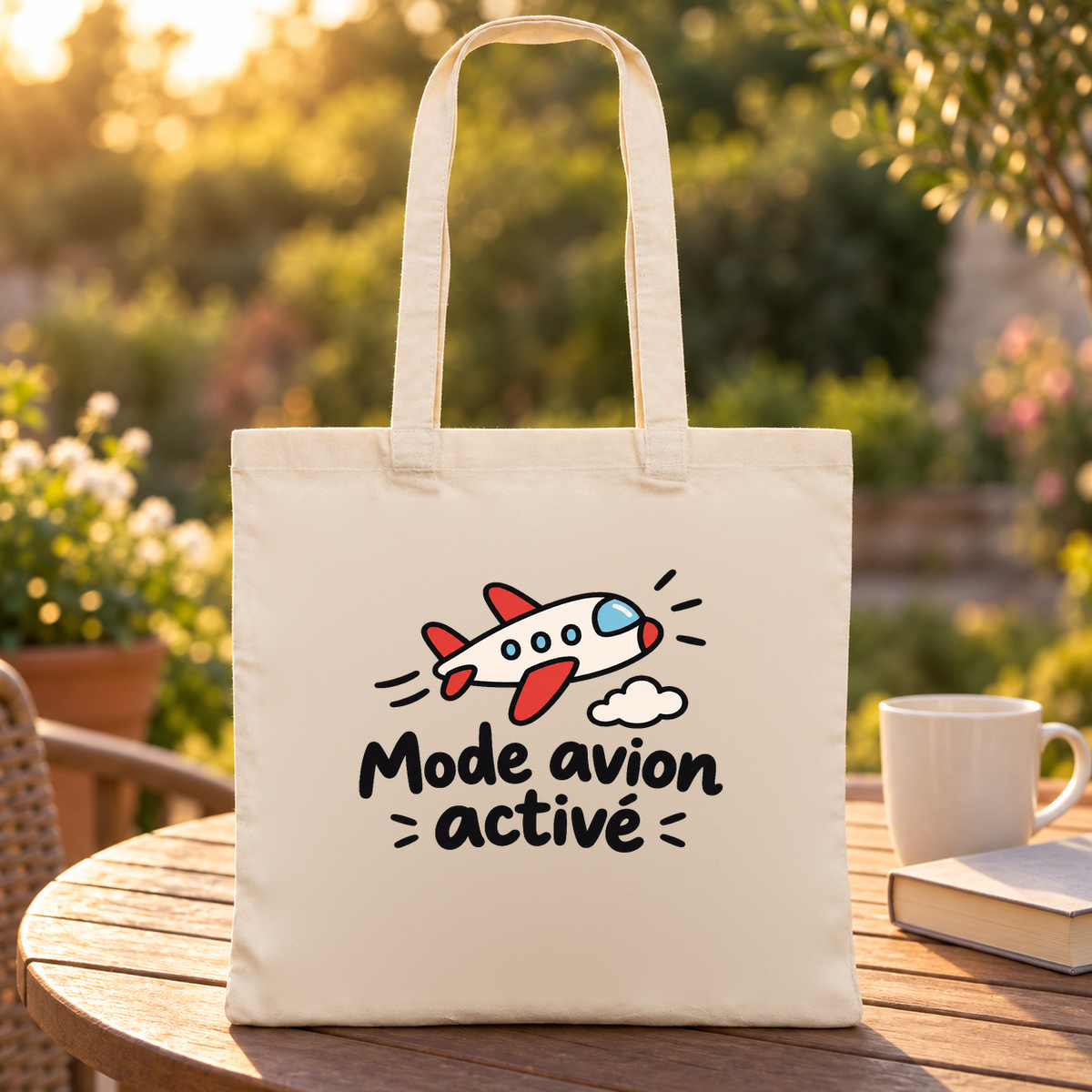 Tote bag « Mode avion activé » Essentiel posé sur une table de terrasse au coucher du soleil, à côté d'une tasse et d'un livre