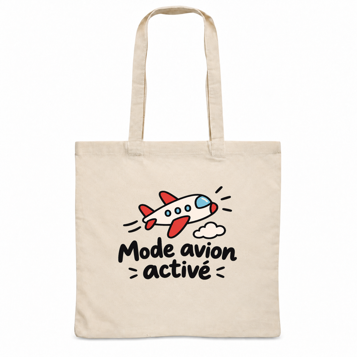 Tote bag « Mode avion activé » Essentiel, sac plat en coton naturel 140 g/m² de 38 × 42 cm, dessin naïf d'un petit avion et d'un nuage