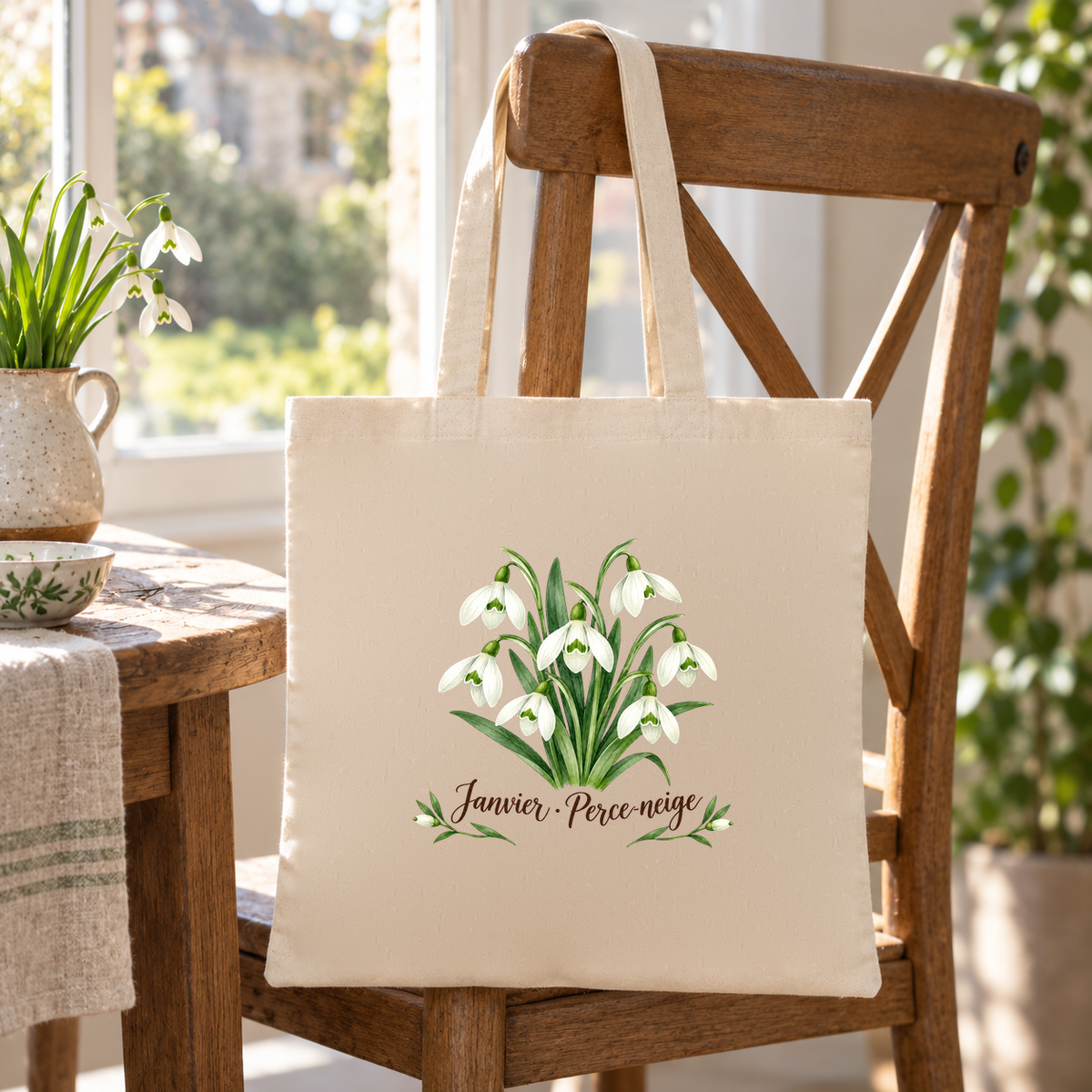 Tote bag fleur de naissance « Janvier · Perce-neige » Essentiel suspendu à une chaise près d'une fenêtre, à côté d'un pichet