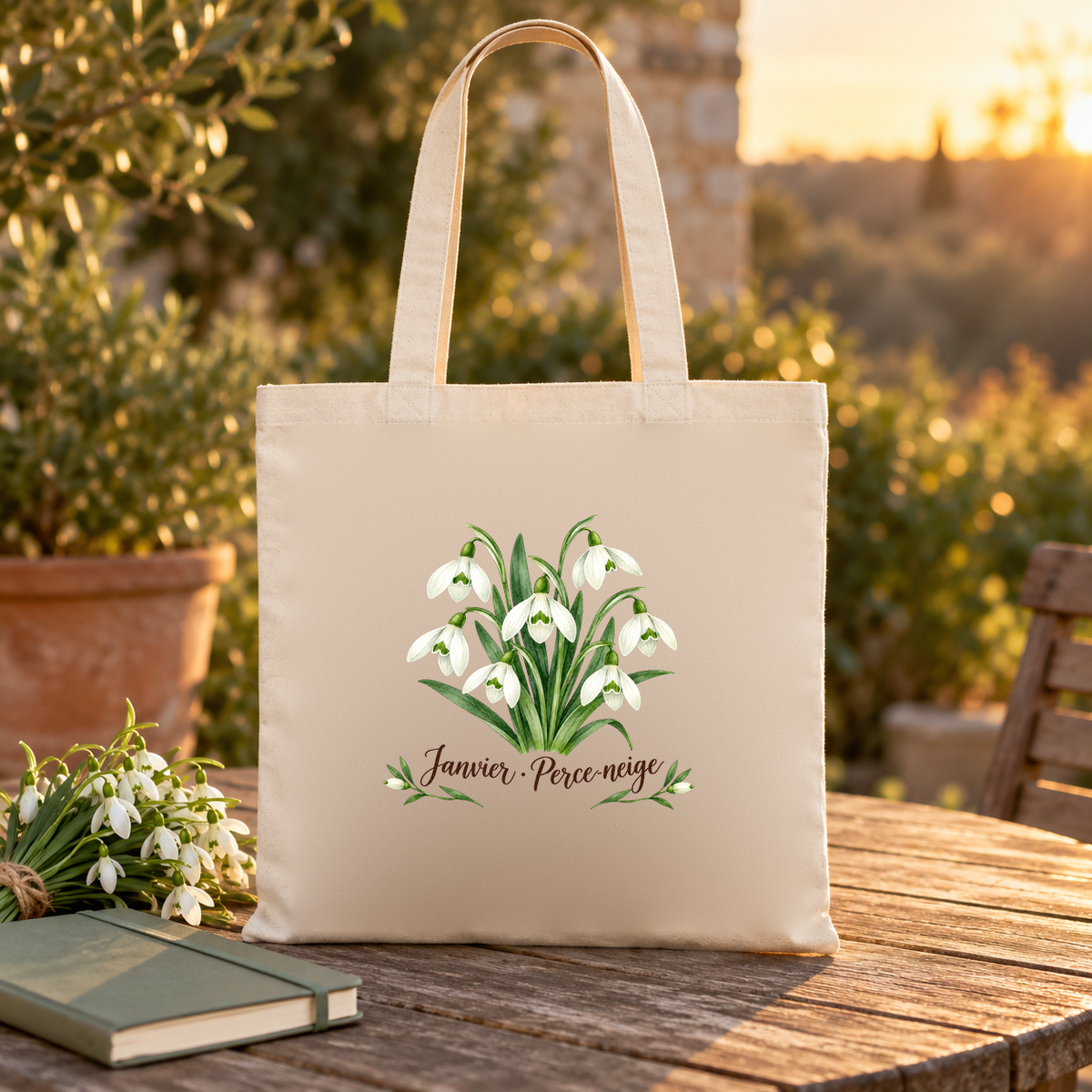 Tote bag fleur de naissance « Janvier · Perce-neige » Essentiel posé sur une table de jardin au coucher du soleil, à côté de perce-neige et d'un livre