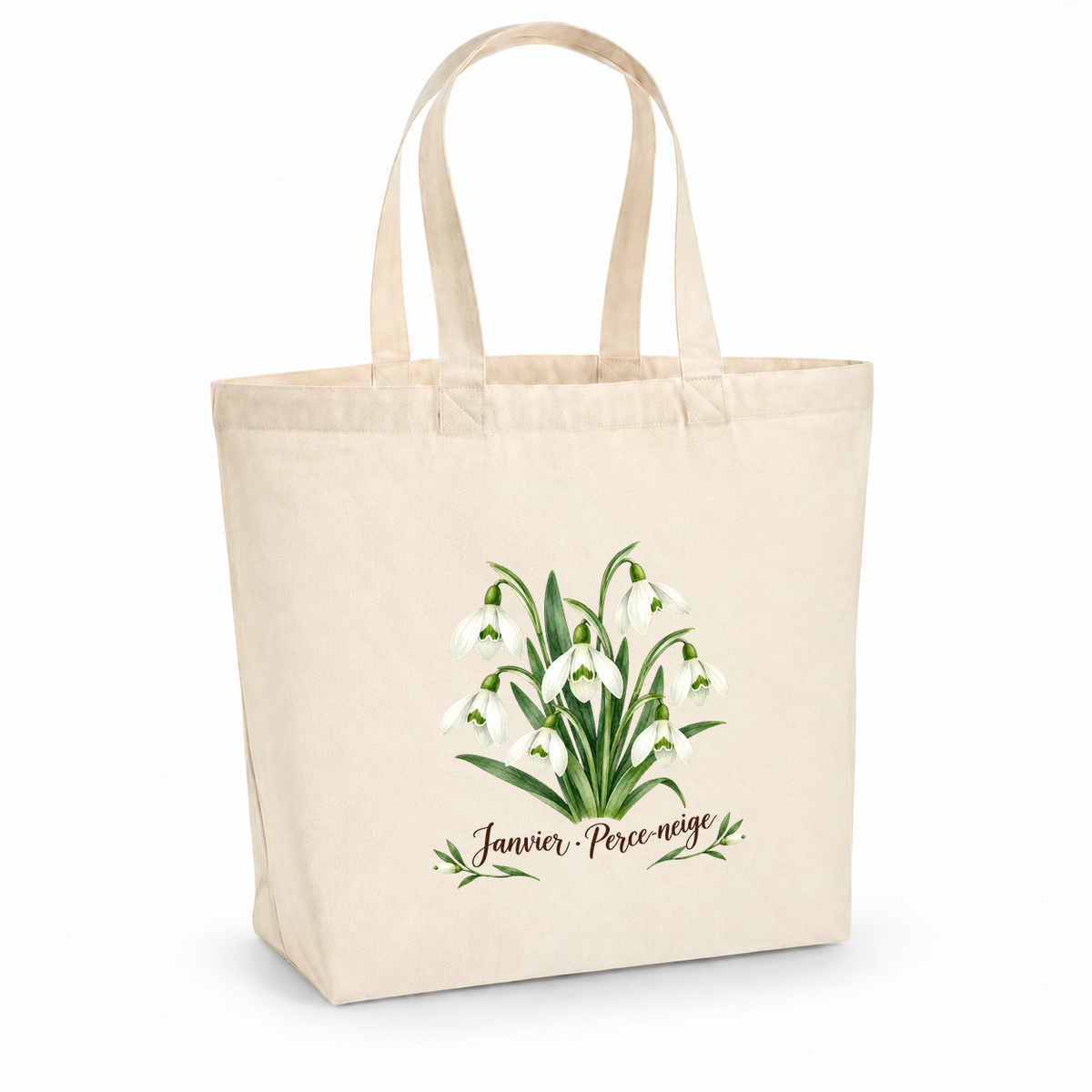 Tote bag fleur de naissance « Janvier · Perce-neige » Premium, cabas à soufflet en coton naturel 200 g/m² de 18 litres, aquarelle botanique d'un bouquet de perce-neige