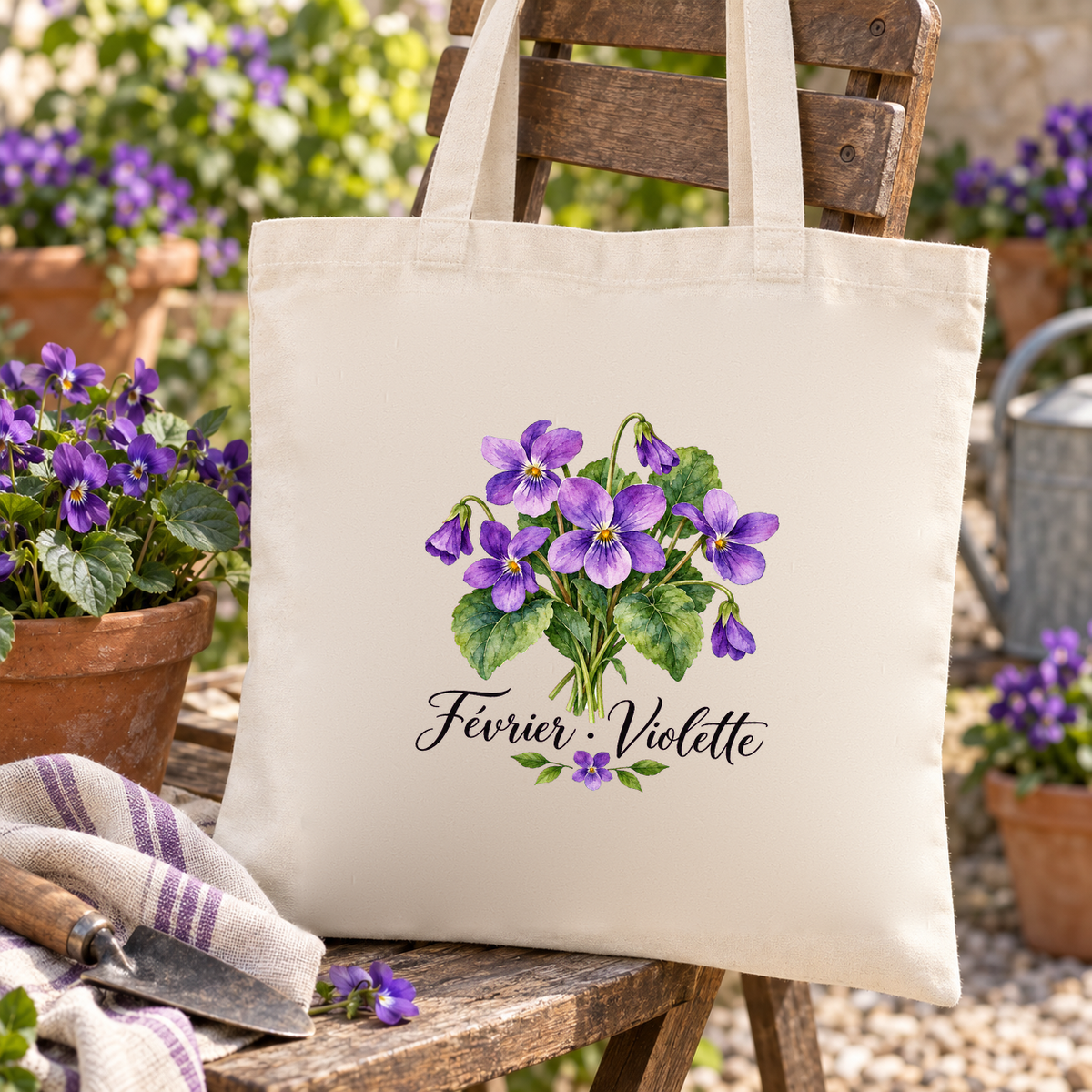 Tote bag fleur de naissance « Février · Violette » Essentiel suspendu à une chaise de jardin, à côté de pots de violettes et d'un plaid
