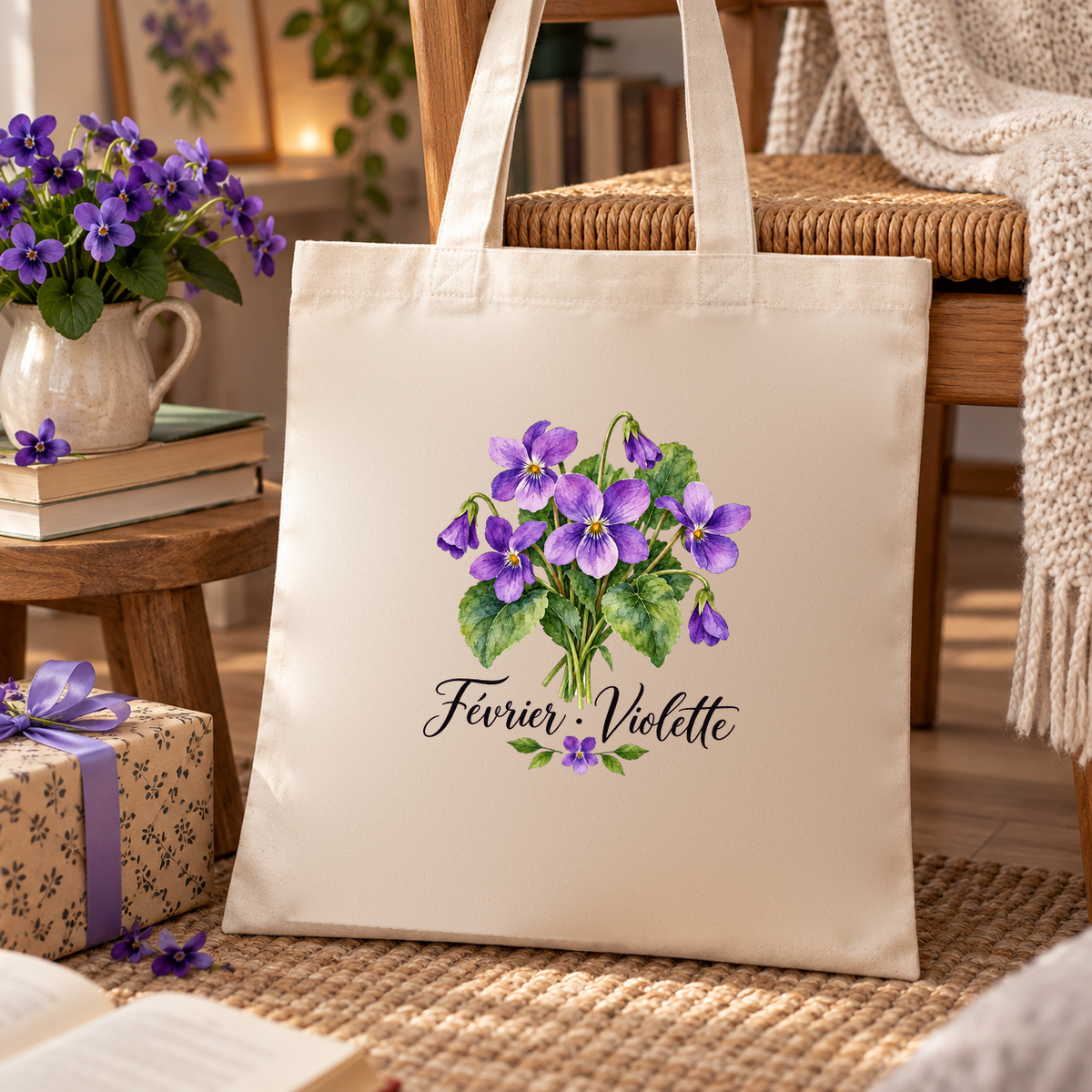 Tote bag fleur de naissance « Février · Violette » Essentiel posé contre une chaise, à côté d'un pichet de violettes, de livres et d'un cadeau